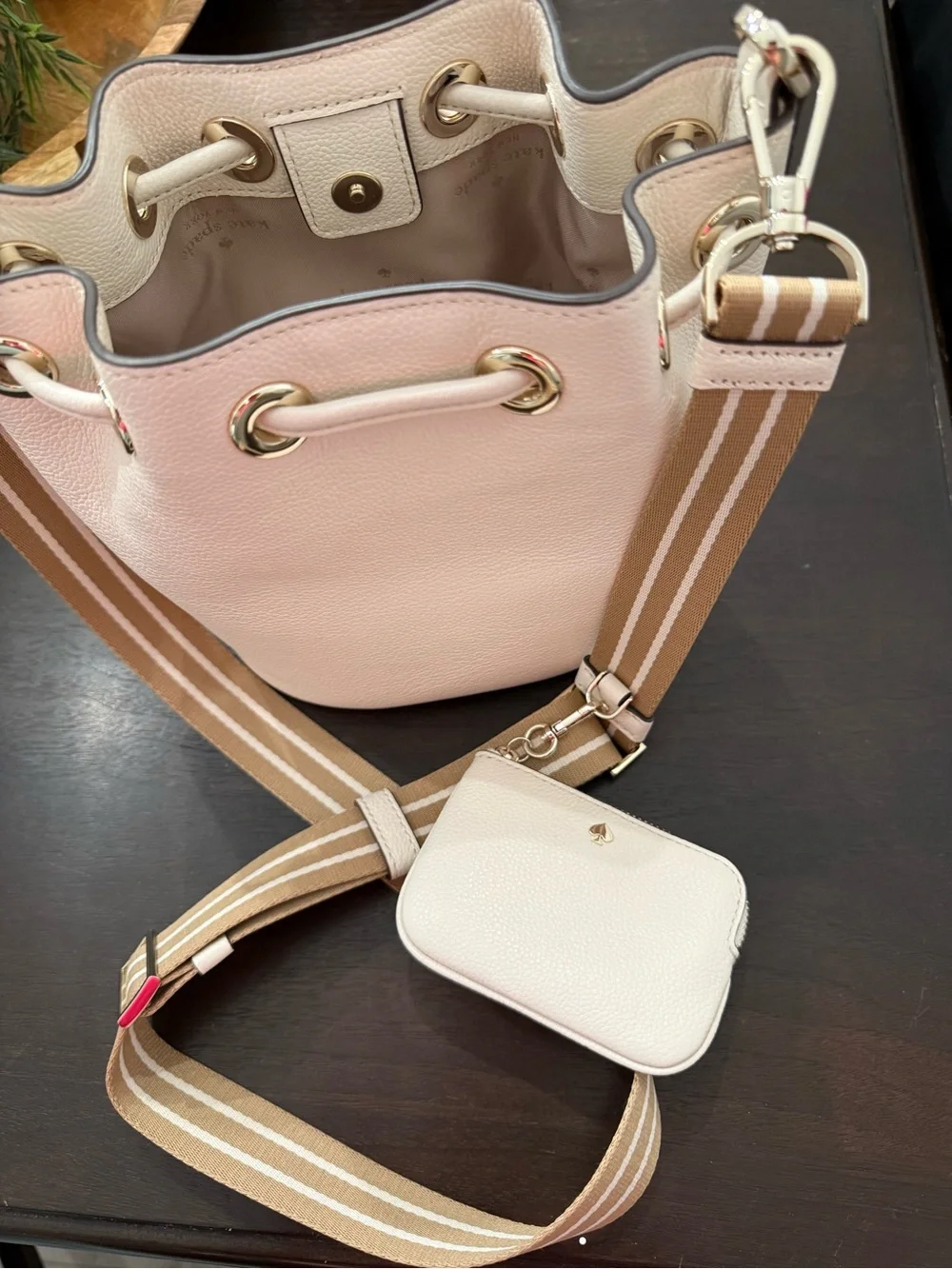 Kate Spade Pebbled Leather Drawstring Bucket Bag with Striped Strap
